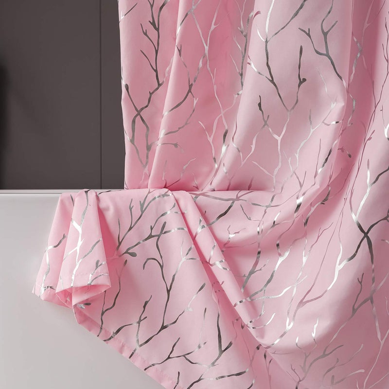FINECITY Pink Shower Curtain Set - Metallic Silver Foil Tree Branch Pattern Print Grommet Shower Curtain with 12 Hooks for Bathroom (NOT Waterproof), 72 x 72 Inch, Silver Pink - Image 5